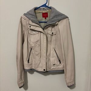 GUESS Women's Cream Faux Leather Jacket with Gray Hood